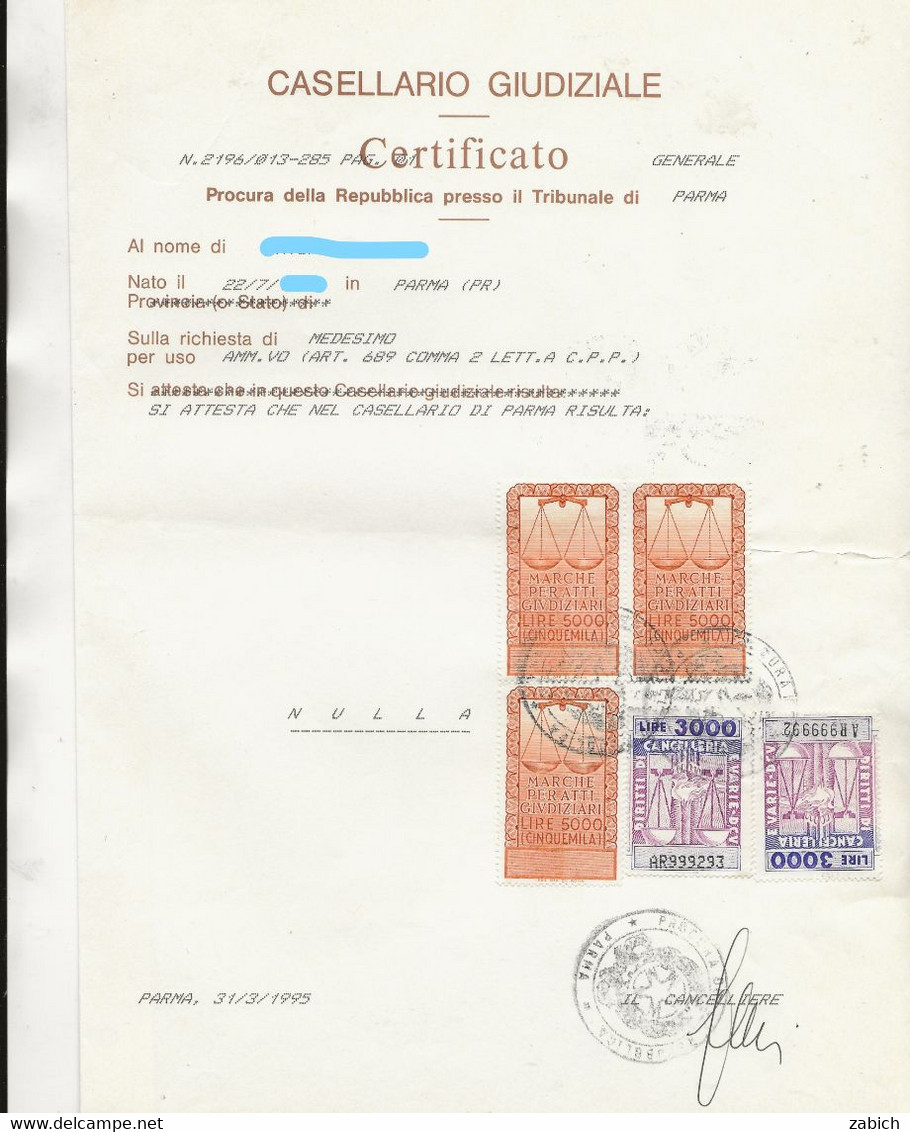 FISCAUX ITALIE LOT DE 5 Casiers Judiciaires Timbrés 1932 1936 1979 1988 1995 - Non Classés