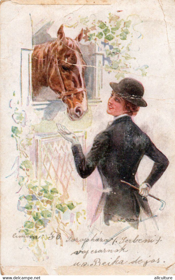 A928-   WOMAN FEEDING THE HORSE SIGNED USABAL USED VINTAGE POSTCARD - Usabal