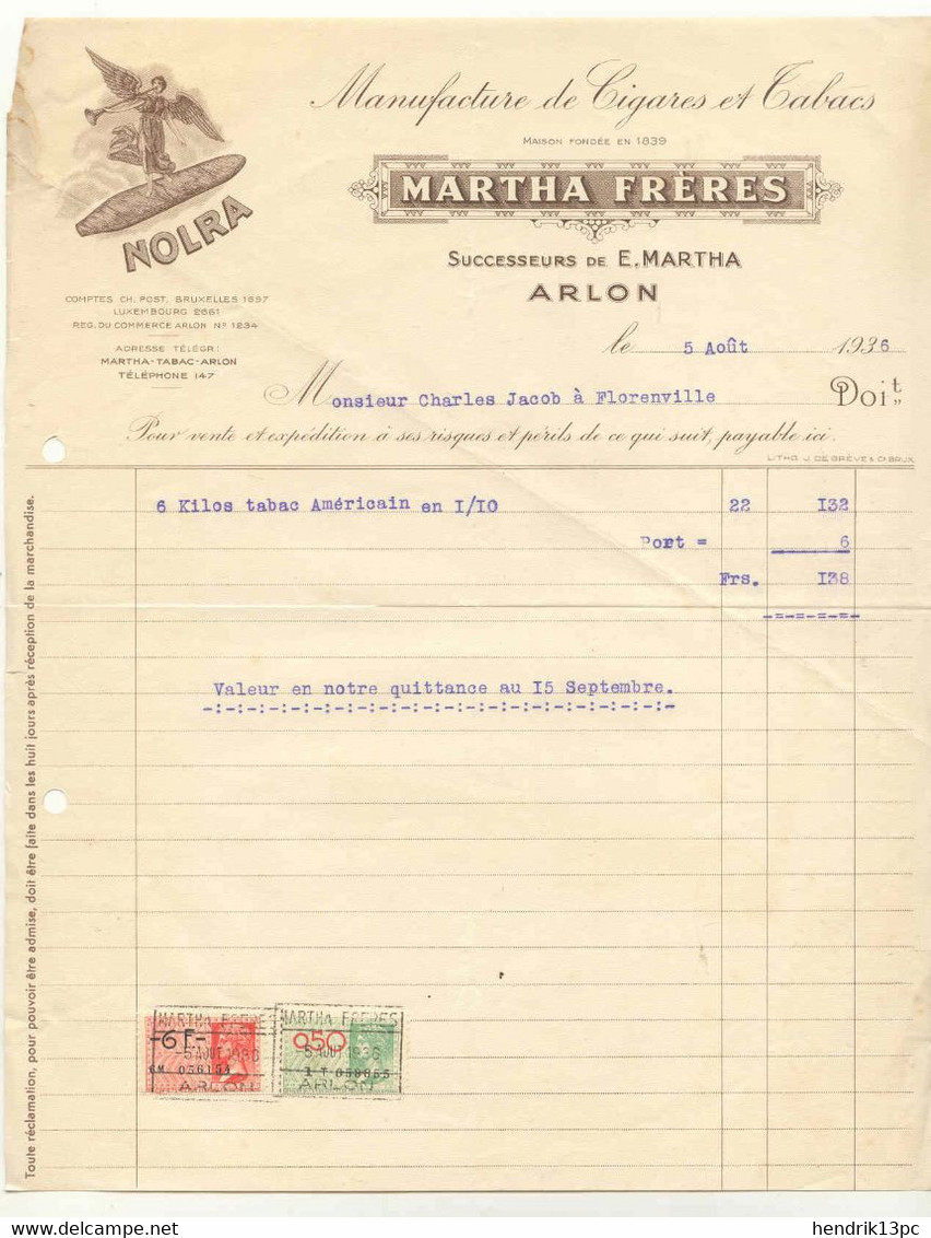 0678 -België  Factuur MARTHA FRERES  Tabak  Te ARLON Met Fiscale Zegels 1935 - 1900 – 1949