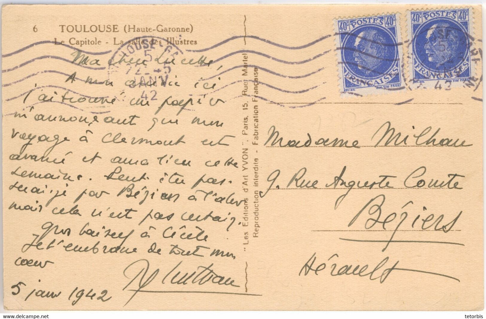 2 X 40C PETAIN TARIF CARTE POSTALE + DE 5 MOTS OBLITERATION MECANIQUE TOULOUSE 05/01/42 TARIF EN TOLERENCE - 1921-1960: Modern Tijdperk