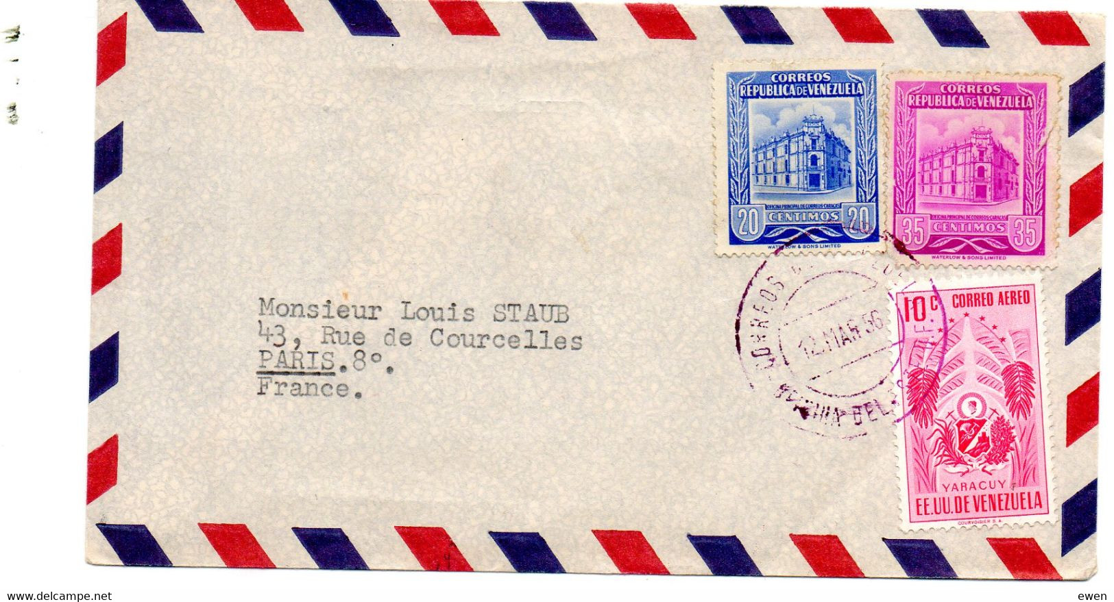 Venezuela. Enveloppe Avec 3 Timbres De 1956 à Destination De La France. - Venezuela