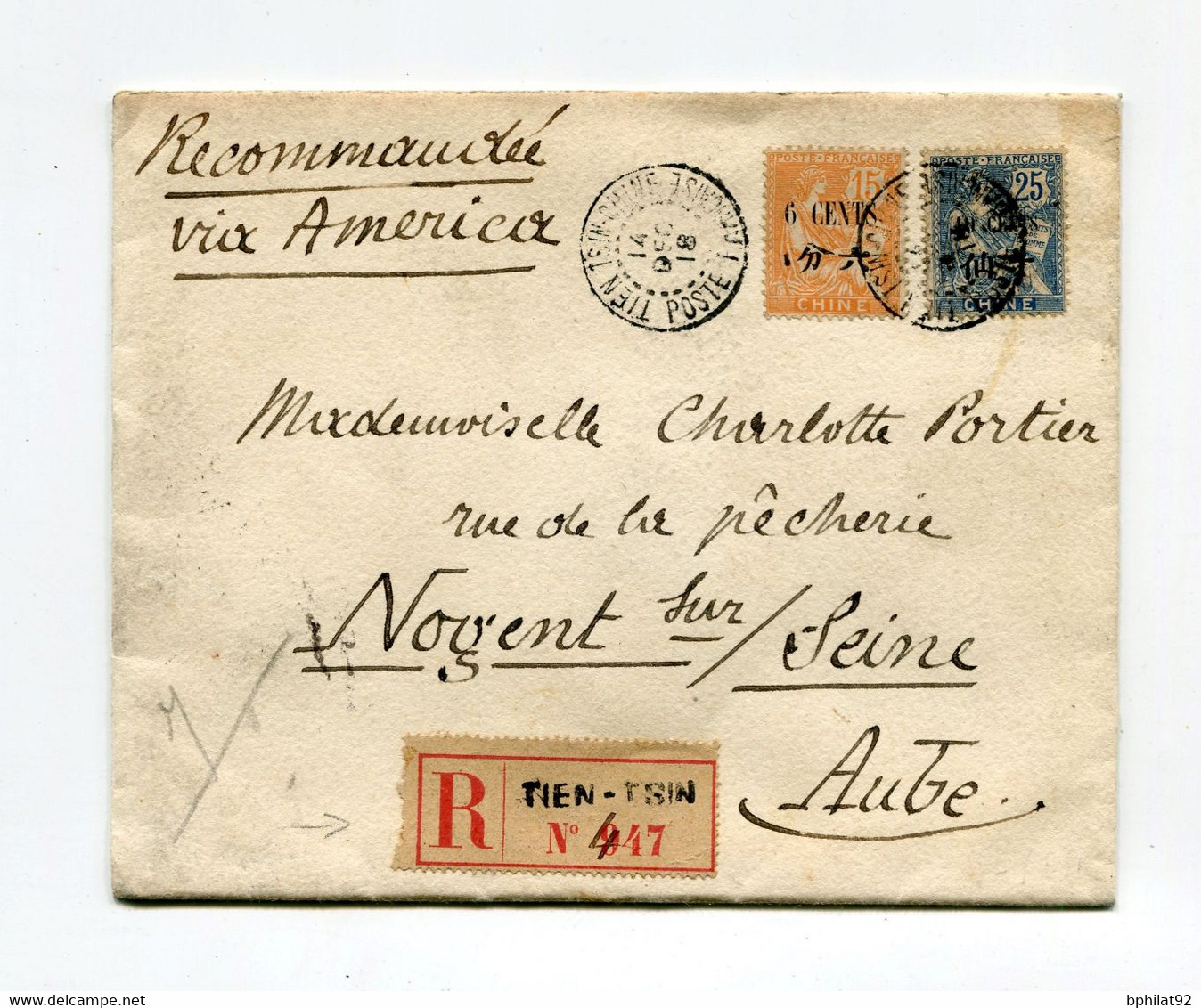 !!! CHINE, LETTRE RECO DE TSIEN TSIEN DE 1918 POUR LA FRANCE, VIA AMERICA - Covers & Documents