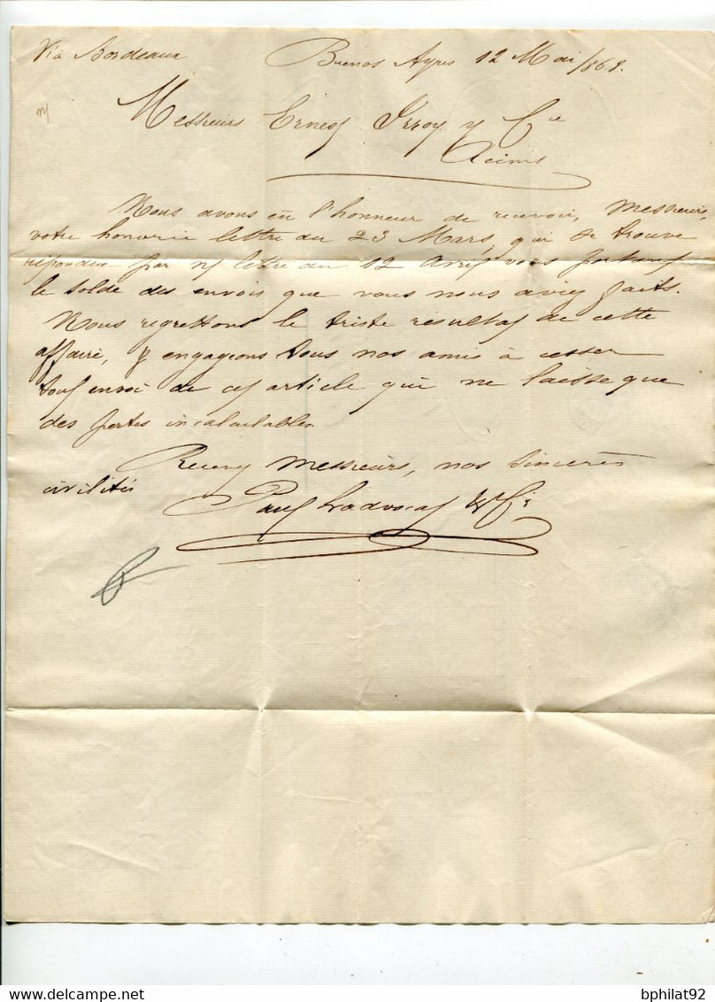 !!! LETTRE SANS TIMBRE DE BUENOS AIRES POUR REIMS DE 1868, PAR VOIE DE BORDEAUX, TAXEE - Buenos Aires (1858-1864)