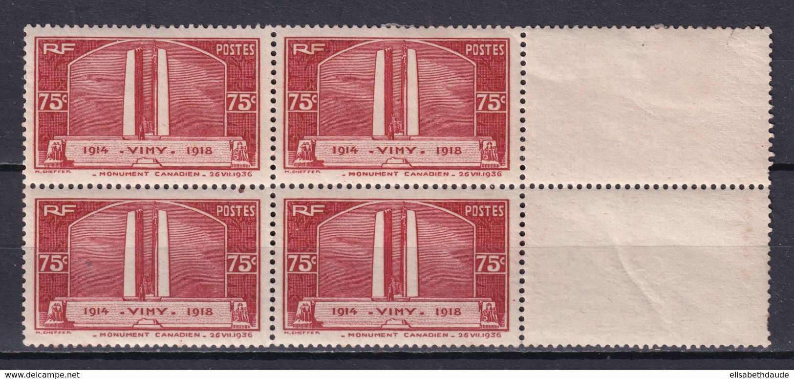 1936 - YVERT N° 316 BLOC De 4 * MH  - COTE = 72 EUR. - VIMY - Nuevos