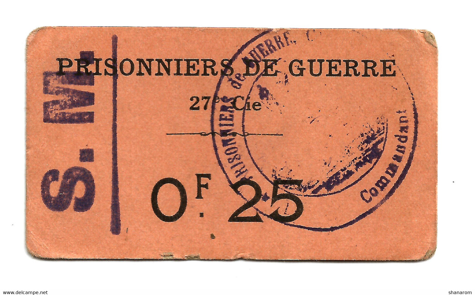 1914- 1918 // P.O.W. // Bon De Prisonnier De Guerre // COMPAGNIE 27 // Vingt Cinq Centimes - Buoni & Necessità