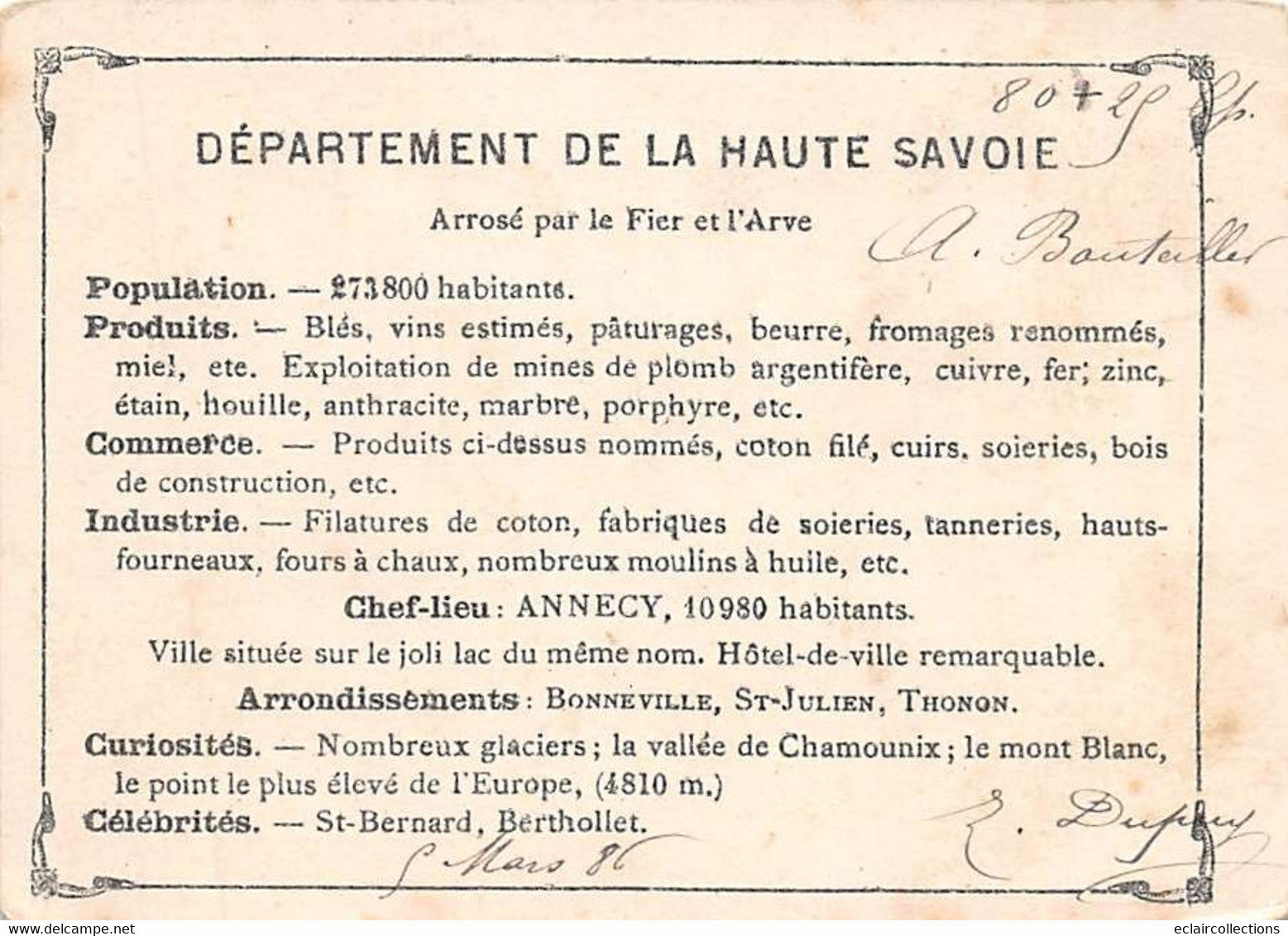 Divers :        74           Image Chromo Du Département   11,5 X 8.5             (voir Scan) - Autres & Non Classés