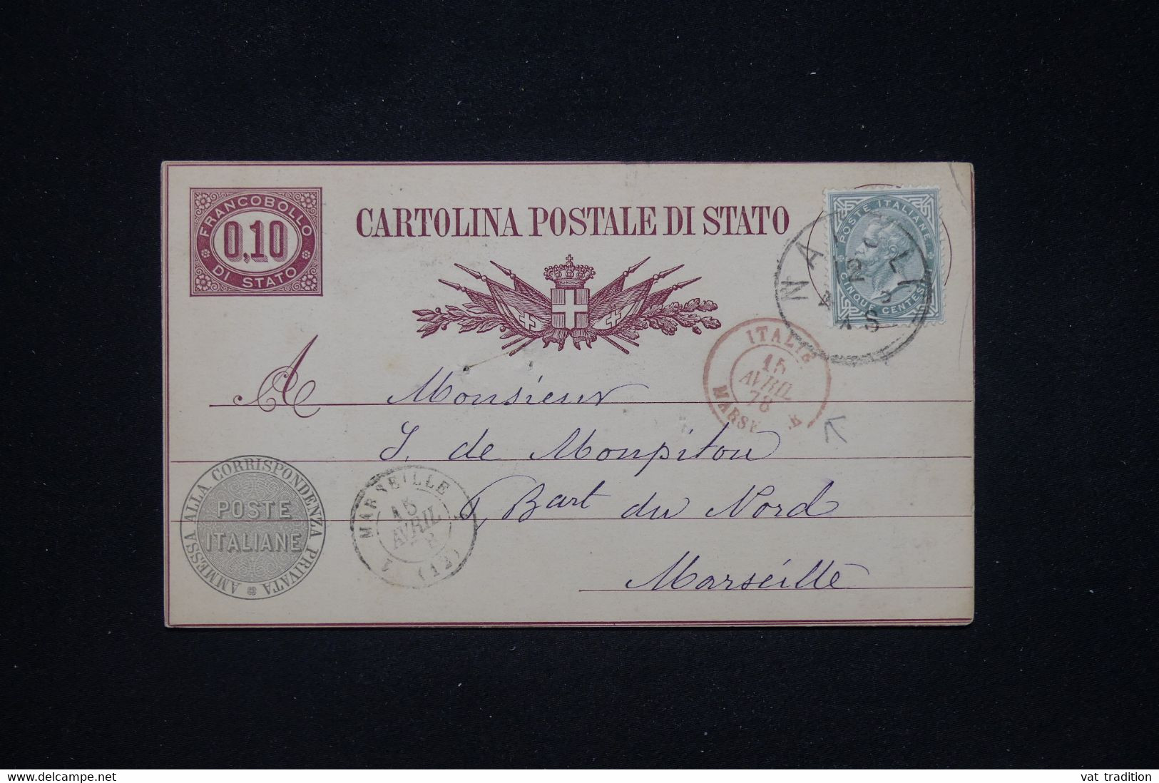 ITALIE - Entier Postal + Complément De Napoli En 1878 Pour La France Avec Cachet Rouge  Italie / Marseille  - L 91323 - Interi Postali