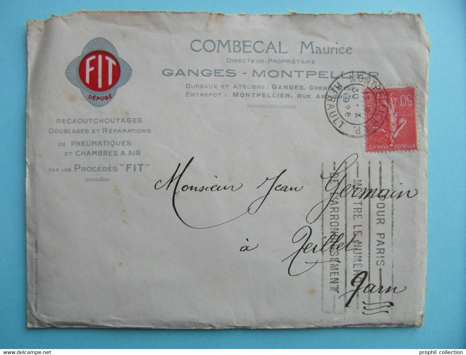 LETTRE ENTETE COMBECAL MAURICE PROCÉDÉS FIT À GANGES MONTPELIER HERAULT AFFRANCHIE SEMEUSE 50c LIGNÉE - 1877-1920: Semi-moderne Periode