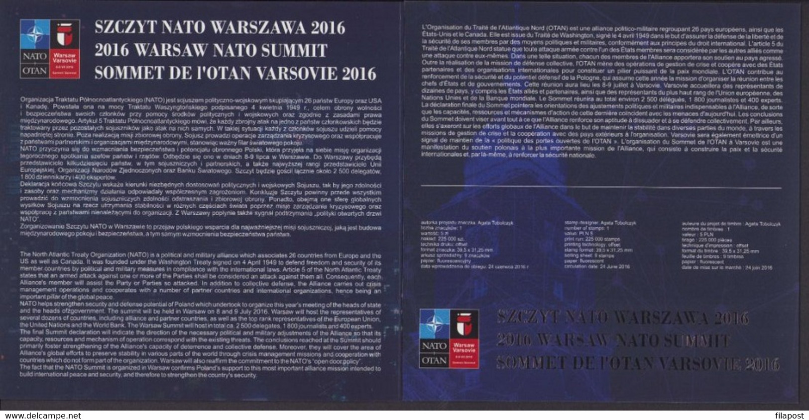 POLAND 2016 Souvenir Booklet / NATO Summit Meeting Warsaw, Political Military Alliance / FDC + Full Sheet MNH** FV - Libretti