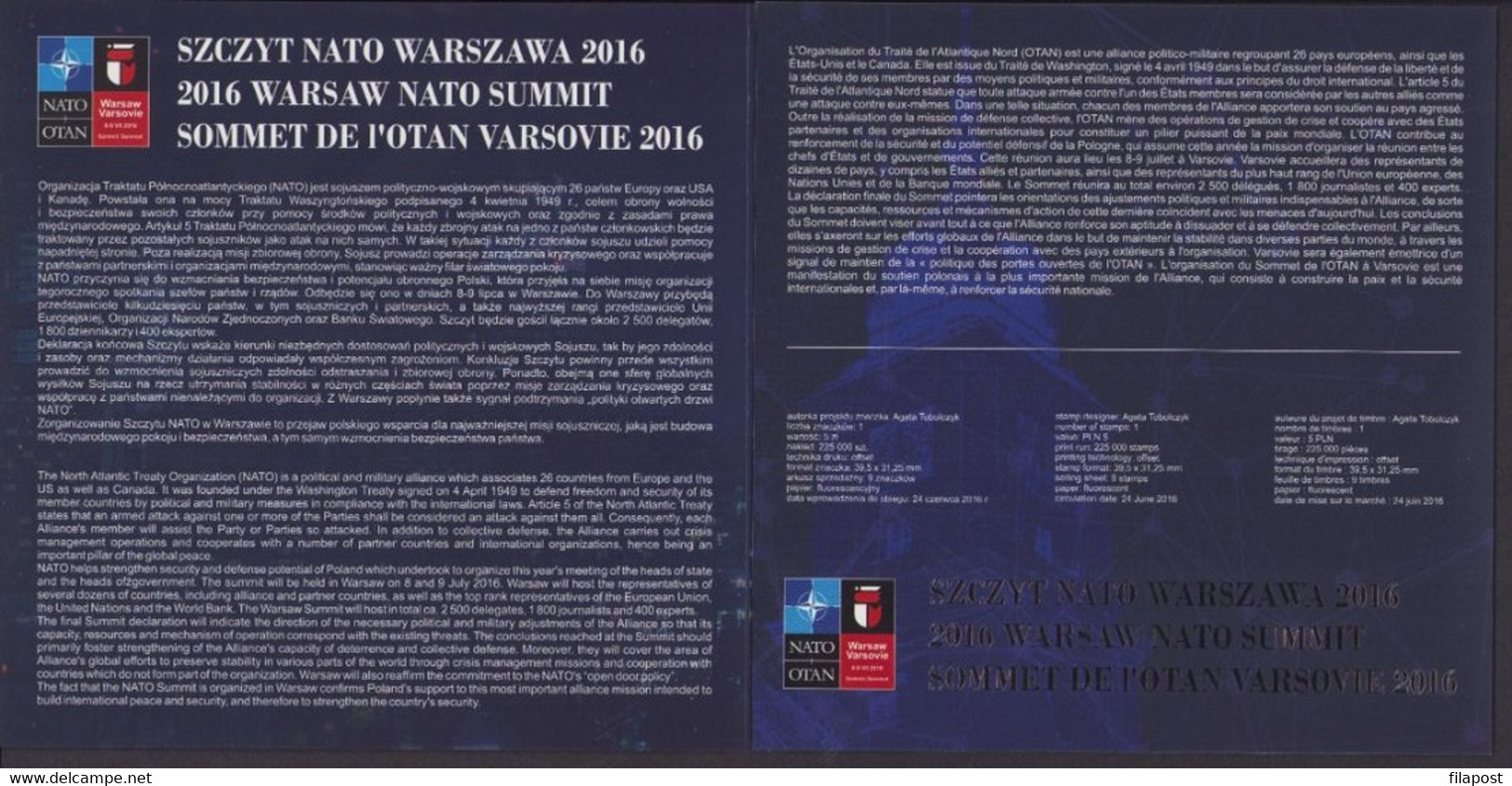 POLAND 2016 Souvenir Booklet / NATO Summit Meeting Warsaw, Political Military Alliance / FDC + Full Sheet MNH** FV - Booklets