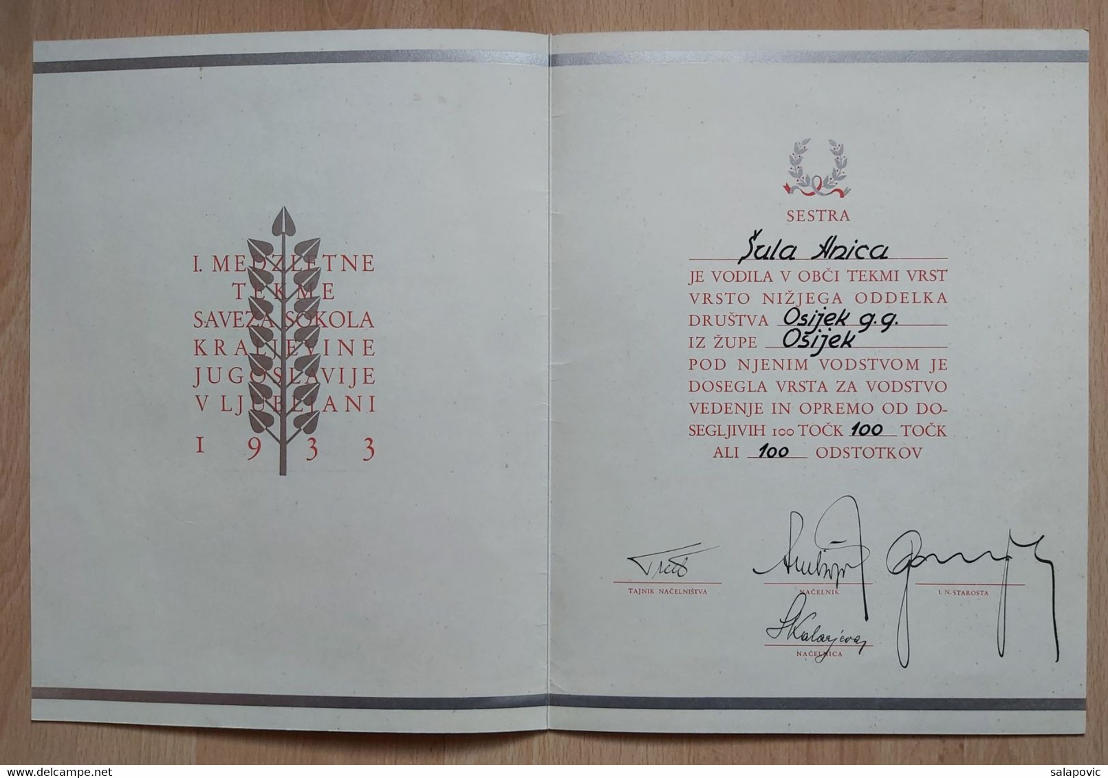 Sokol, Kingdom Of Yugislavia Ljubljana, Slovenia1933  Certificate - Gymnastique