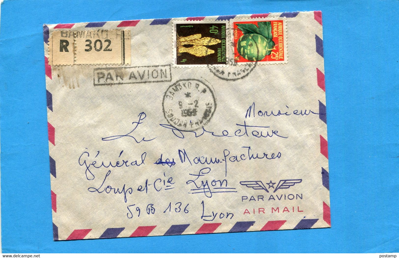 Marcophilie-lettre REC -Soudan >Françe-cad-bamako-1959+Thematic-2-stamps A O F-N°71+69 FRUIT - Autres & Non Classés