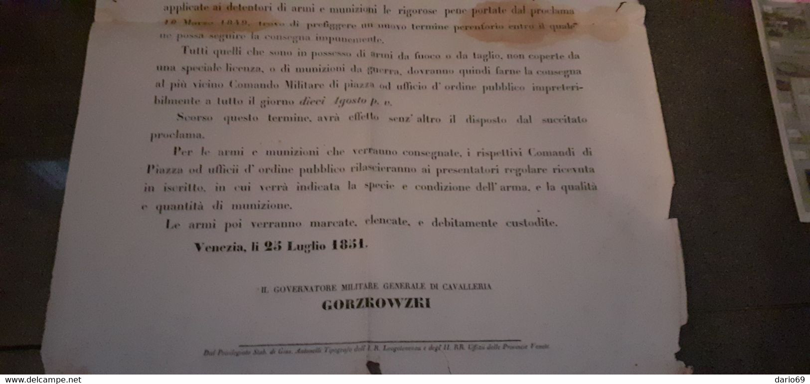 1851  VENEZIA -  CONSEGNA DI ARMI - Décrets & Lois