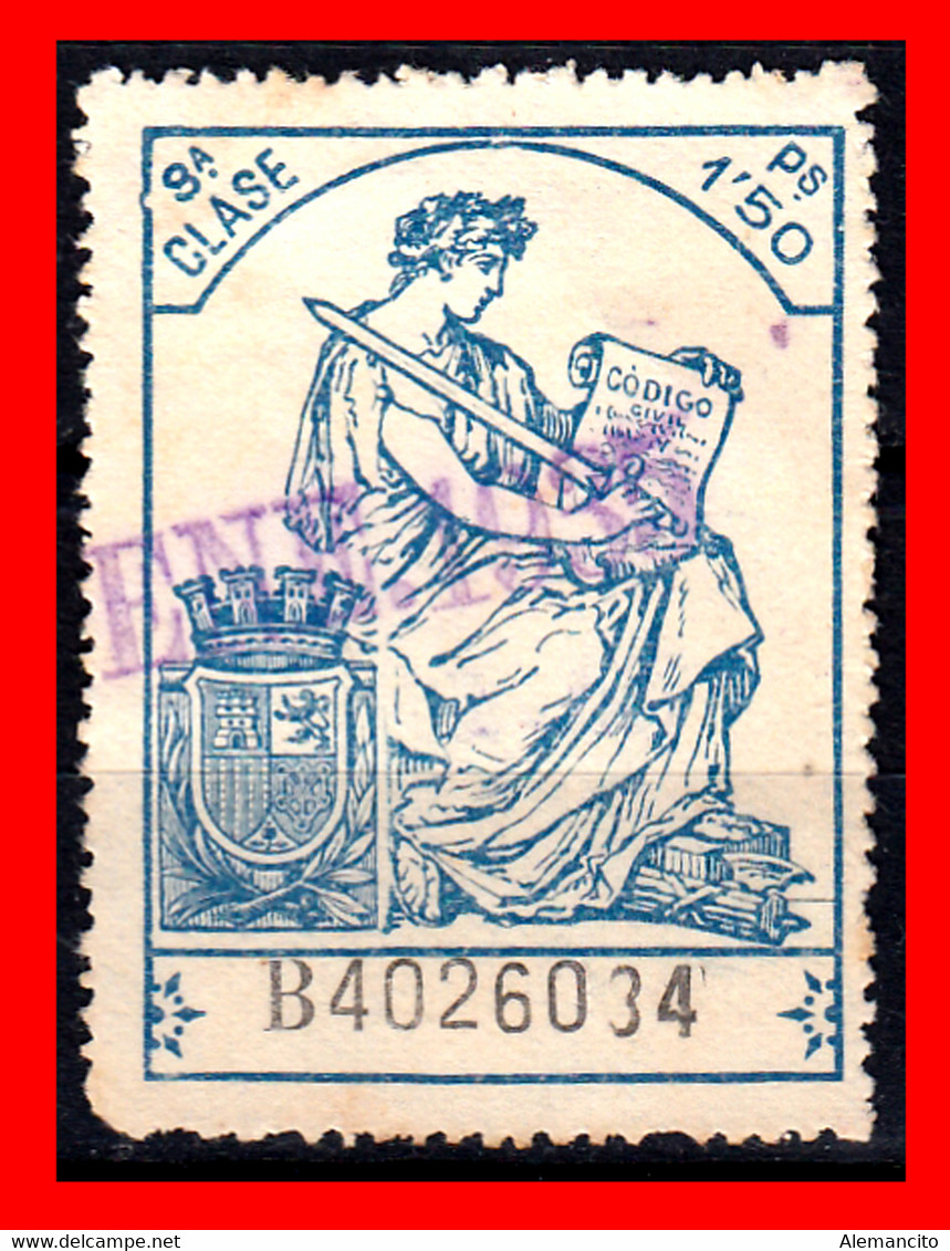 ESPAÑA  ( POLIZA FISCAL 8ª CLASE VALOR 1.50 PTAS. POLIZA Nº B4026034 SERIE AÑO 1932-1939 - Fiscales