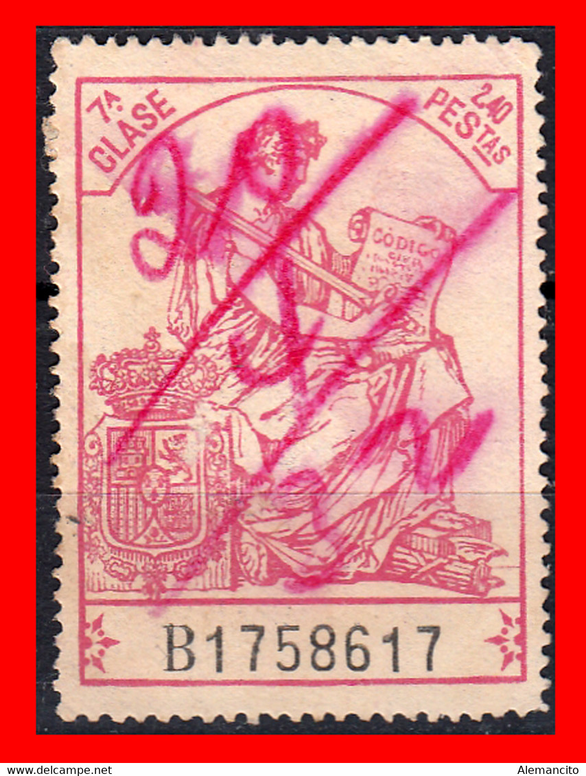 ESPAÑA  ( POLIZA FISCAL ) TIMBRE 7ª CLASE VALOR 2.40 PTAS.  Nº B1758617 SERIE AÑO 1919-126 - EL ESCUDO MUESTRA LAS ARMAS - Fiscales