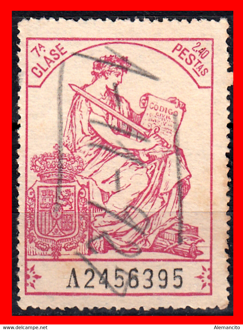 ESPAÑA( POLIZA FISCAL )TIMBRE 7ª CLASE VALOR 2.40 PTAS. Nº  A2456395 SERIE AÑO 1919-126 - EL ESCUDO MUESTRA LAS ARMAS - Fiscales