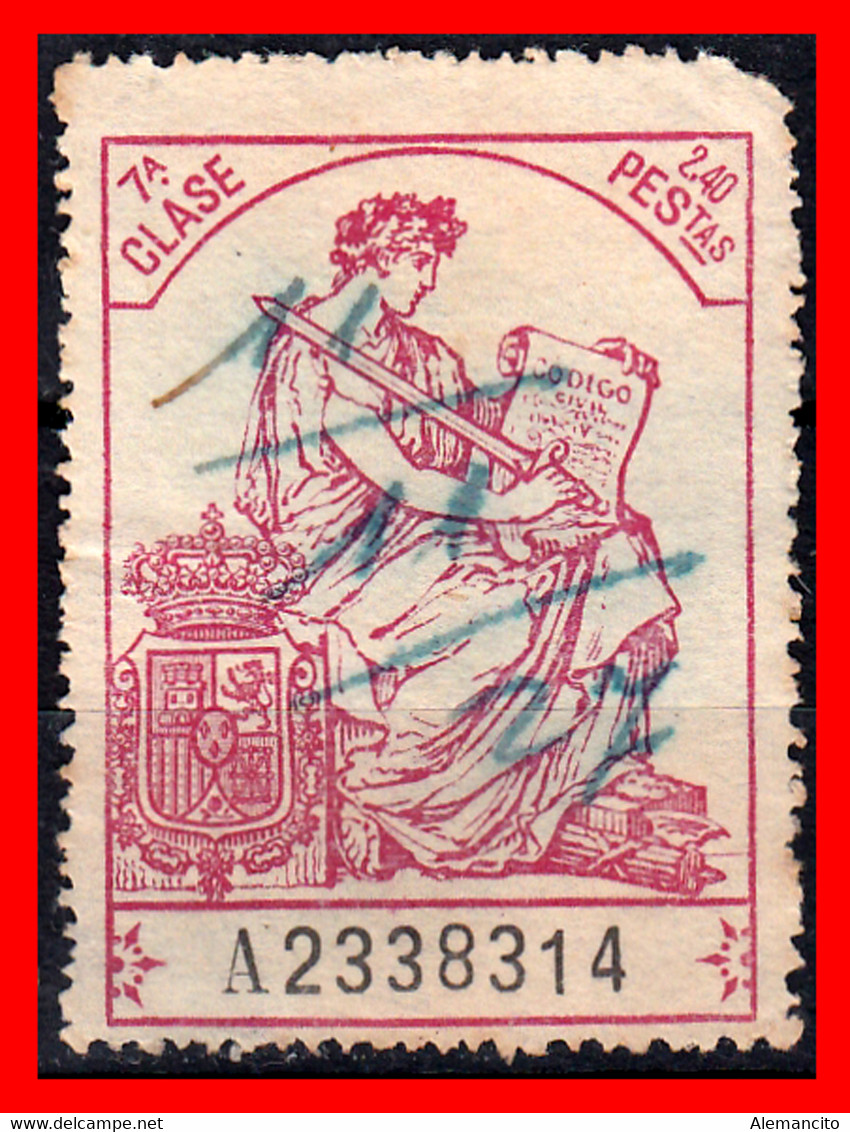 ESPAÑA( POLIZA FISCAL )TIMBRE 7ª CLASE VALOR 2.40 PTAS. Nº  A2338314 SERIE AÑO 1919-126 - EL ESCUDO MUESTRA LAS ARMAS - Fiscales