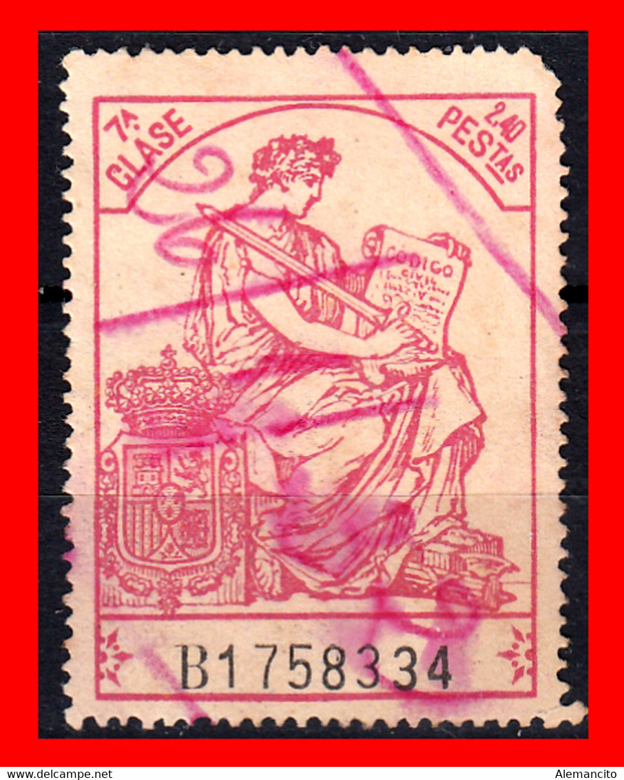 ESPAÑA( POLIZA FISCAL )TIMBRE 7ª CLASE VALOR 2.40 PTAS. Nº B1758334 SERIE AÑO 1919-126 - EL ESCUDO MUESTRA LAS ARMAS - Fiscales