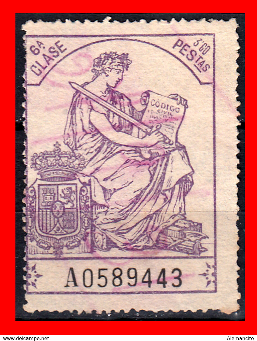 ESPAÑA( POLIZA FISCAL )TIMBRE 7ª CLASE VALOR 2.40 PTAS. Nº A0589443 SERIE AÑO 1919-126 - EL ESCUDO MUESTRA LAS ARMAS - Fiscales