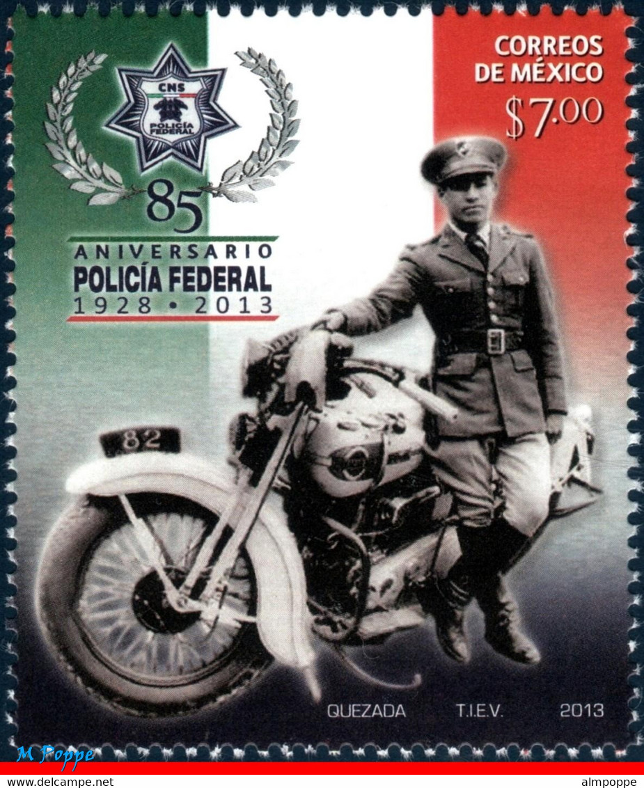 Ref. MX-2857 MEXICO 2013 POLICE, FEDERAL POLICE, 85TH, ANNIV., MOTORBIKE, MOTORCYCLE, MNH 1V Sc# 2857 - Mexico