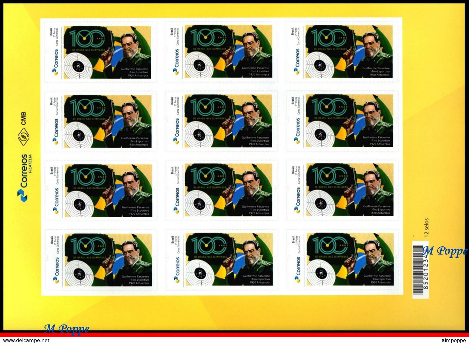 Ref. BR-V2020-50-F BRAZIL 2020 OLYMPIC, 100 YEARS 1ST GOLD IN, OLYMPICS, GUILHERME, SHOOTING, SHEET MNH 12V - Other & Unclassified