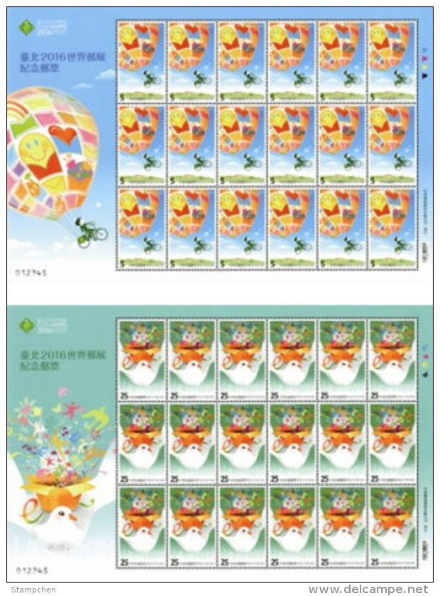 Taiwan PHILATAIPEI 2016 World Stamp Exhi Stamps Sheets Green Angel Pigeon Bicycle Cycling Postman Computer Music Flower - Blocs-feuillets