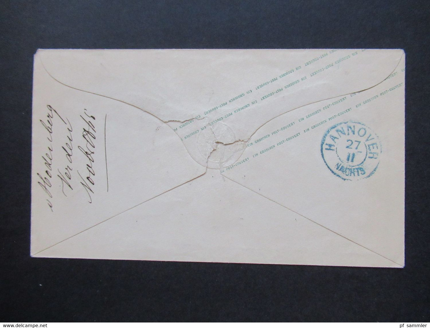 Altdeutschland Hannover GA Umschlag 27.11.1859 (?) Blauer Stempel K2 Verden Nach Hannover Holzmarkt - Hanovre