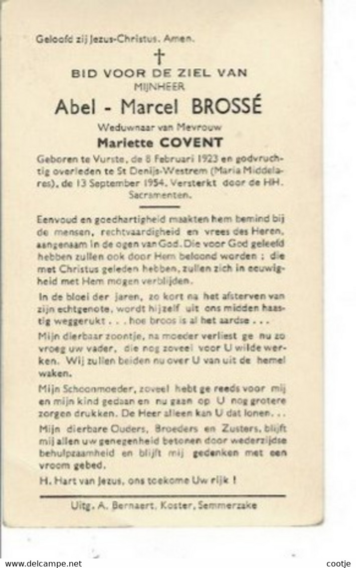 Abel Brossé Wed Mariette Covent O Vurste 1923 + St. Denijs-westrem 1954 - Images Religieuses