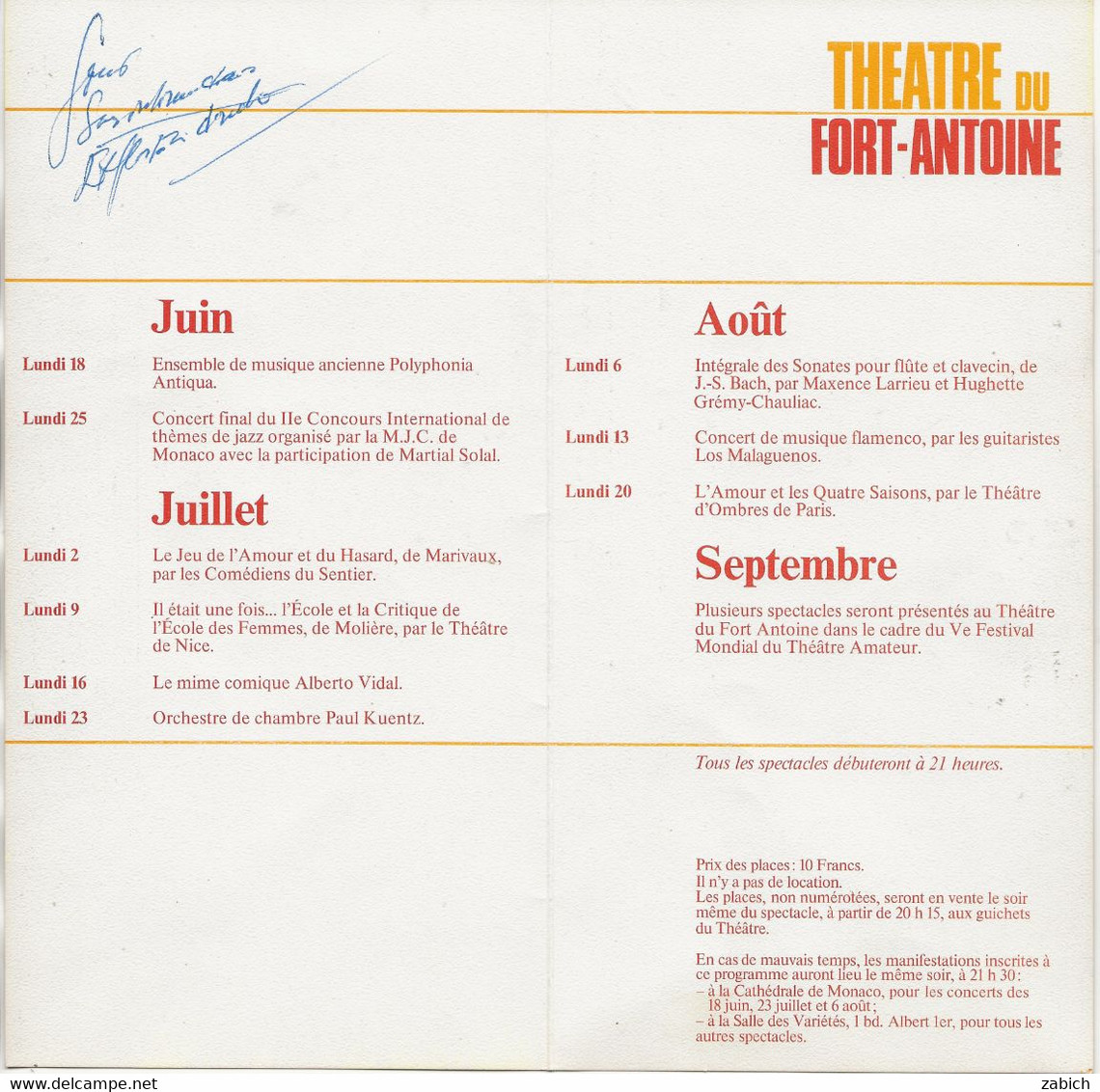 MONACO Progamme Saison 1973 Theatre Du Fort Antoine - Programs
