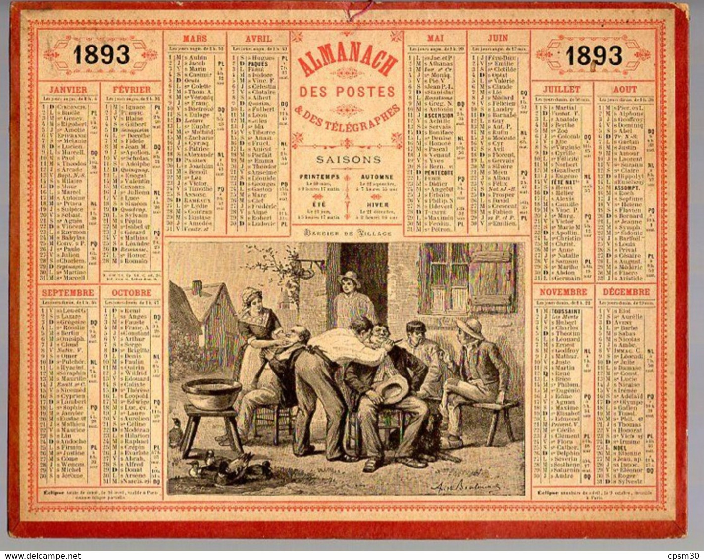 CALENDRIER GF 1893 - Le BARBIER De Village, Imprimeur Oberthur Rennes - Groot Formaat: ...-1900