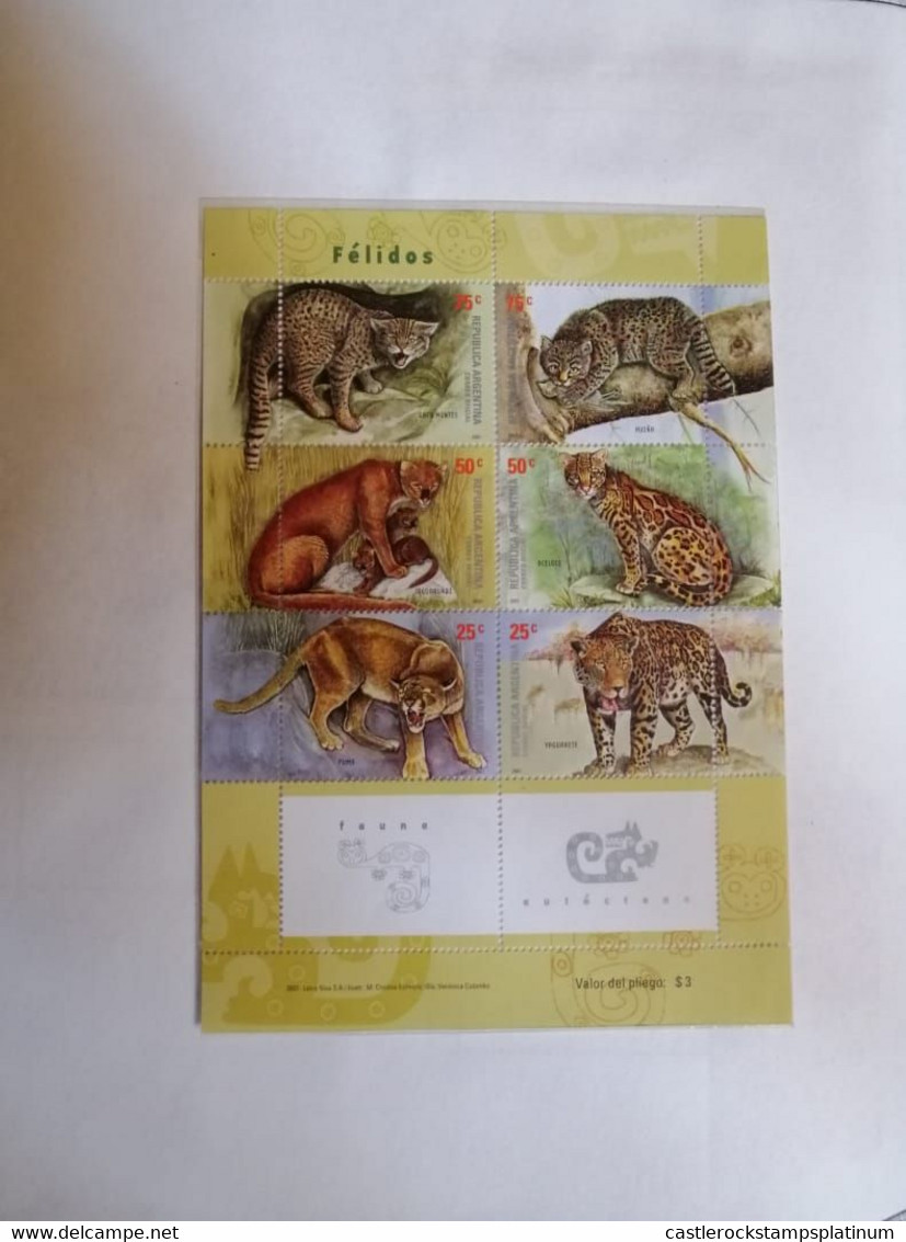 A) 2001, ARGENTINA, WILD CATS, COUGAR, JAGUAR, JAGUARUNDI, OCELOT, WILDCAT AND HUIÑA, MNH - Gebruikt