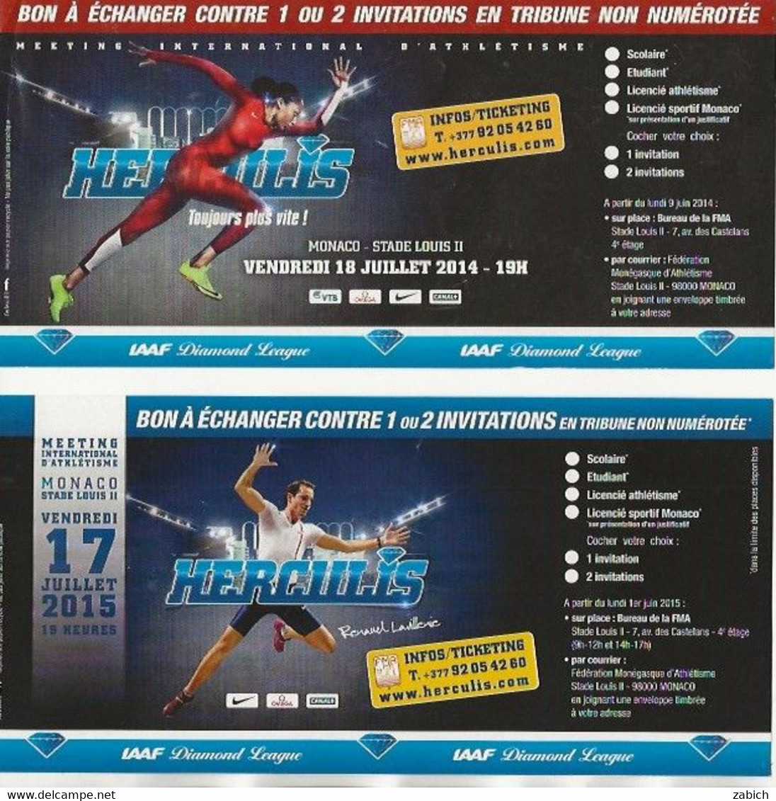 MONACO INVITATION MEETING ATHLETISME HERCULIS 2104 Et 2015 - Tickets - Vouchers