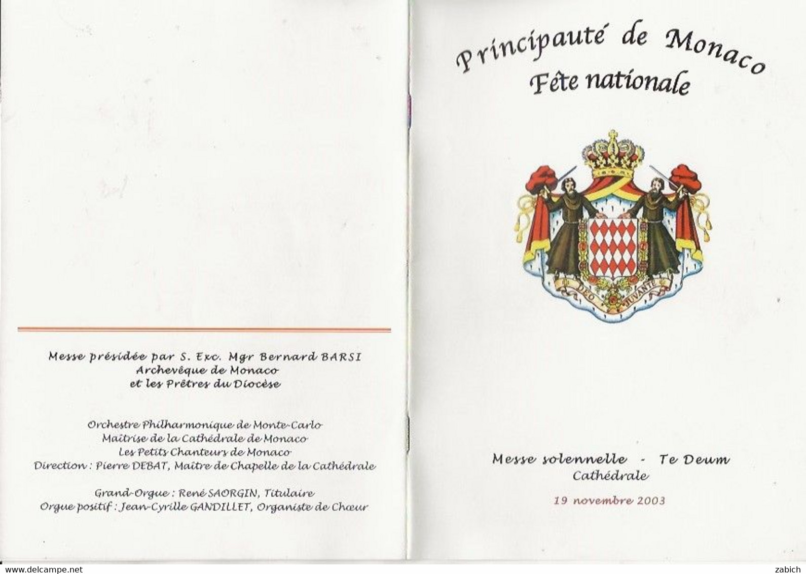 MONACO Progamme FETE NATIONALE 19 Novembre 2003 TE DEUM En La   CATHEDRALE - Programmes