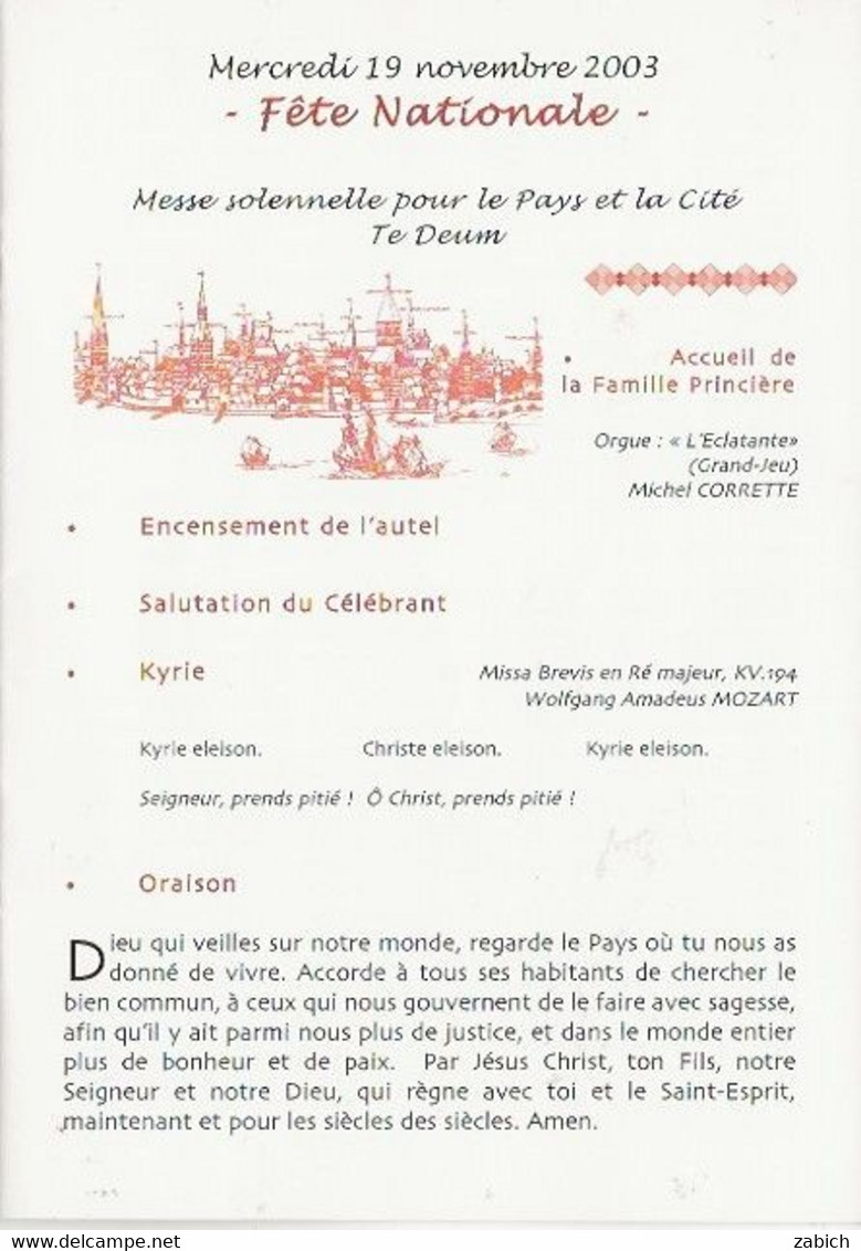 MONACO Progamme FETE NATIONALE 19 Novembre 2003 TE DEUM En La   CATHEDRALE - Programmes