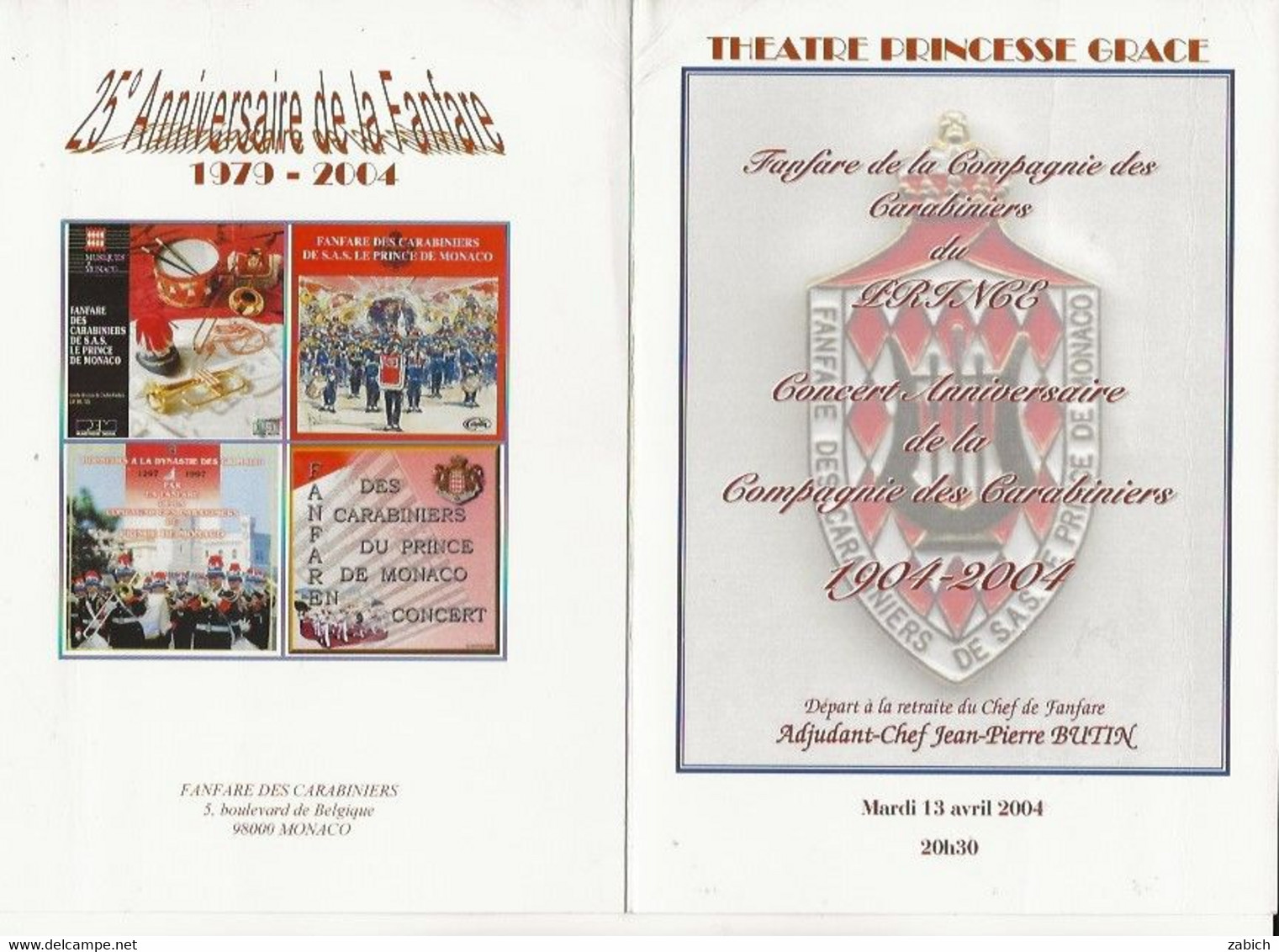 MONACO Progamme CENTENAIRE DES CARABINIERS DU PRINCE 1904 2004 - Programmi