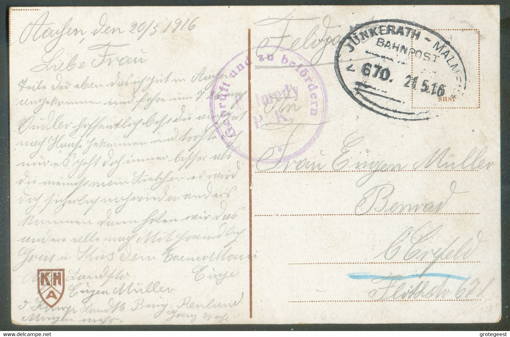 C.P. En Feldpost de Aachen (AIX) Obl. ambulant ovale JÜNGERATH-MALMEDY Bahnpost Z.670 du 21.5.1916 + Sc Violet Geprüft U - Other & Unclassified