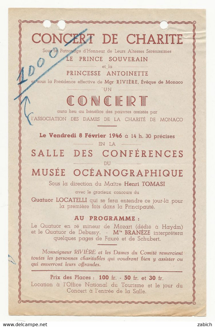 Vieux Papiers Monaco 1946 CONCERT DE CHARITE AU MUSEE OCANOGRAPHIQUE 8 FEVRIER 1946 - Pubblicitari