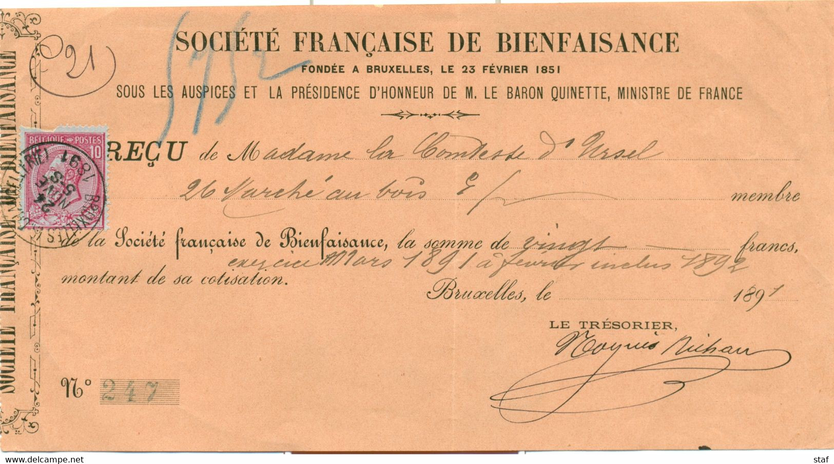 Soc. Française De Bienfaisance - Reçu De Mme La Comtesse D'Ursul La Somme De 20 Fr. - 1891 - 1800 – 1899