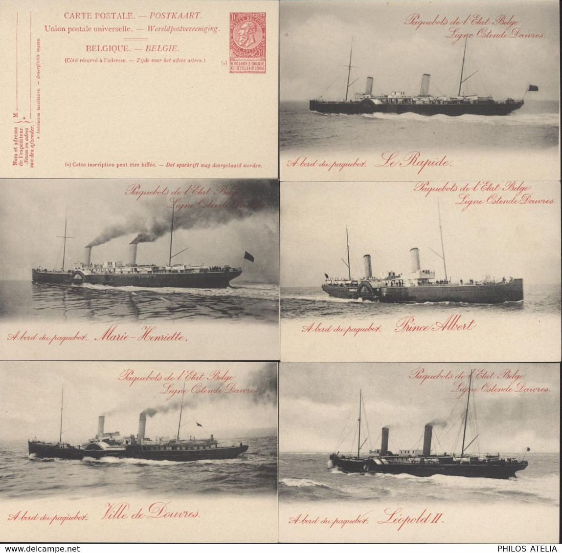 6 Entiers CP Paquebots état Belge Ligne Ostende Douvres Flandre Douvres Marie-Henriette Prince Albert Rapide Léopold II - Liner Cards