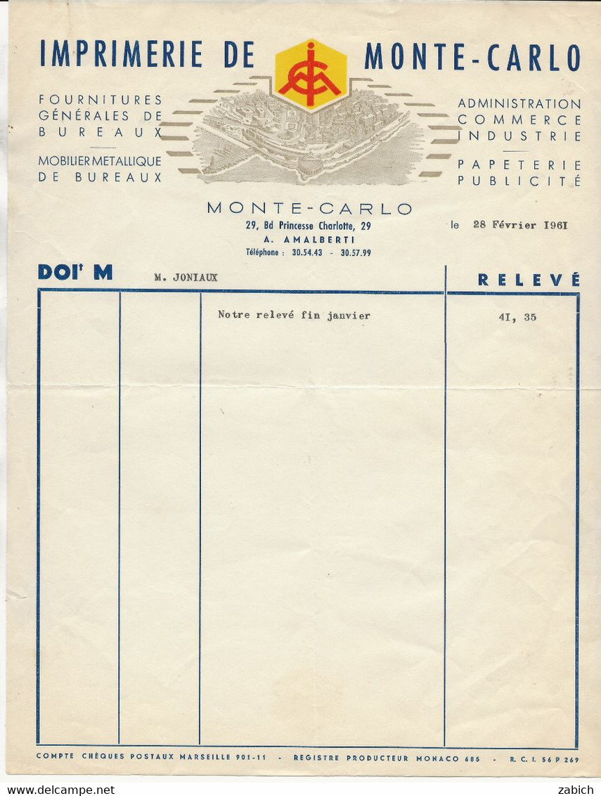 MONACO FACTURE DE L'IMPRIMERIE DE MONACO 1961 - Druck & Papierwaren