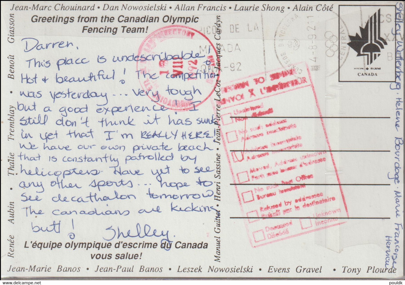 Canada Postcard From The Canadian Olympic Team In Fencing At The 1992 Barcelona Olympic Games - Posted But W/o - Estate 1992: Barcellona