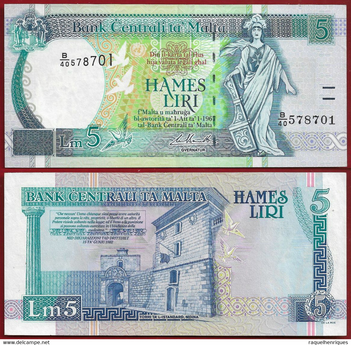 Pick 45 UNC Uncirculated Banknote Malta 2 Liri L.1967 1994