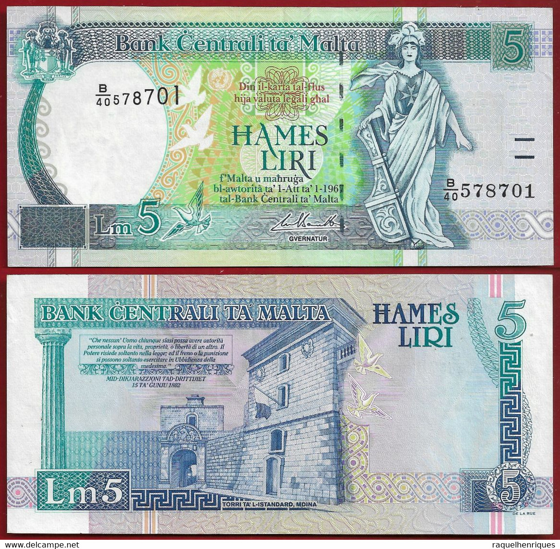 MALTA BANKNOTE - 5 LIRI L.1967 (1994) KM#46d XF (NT#01) - Malta