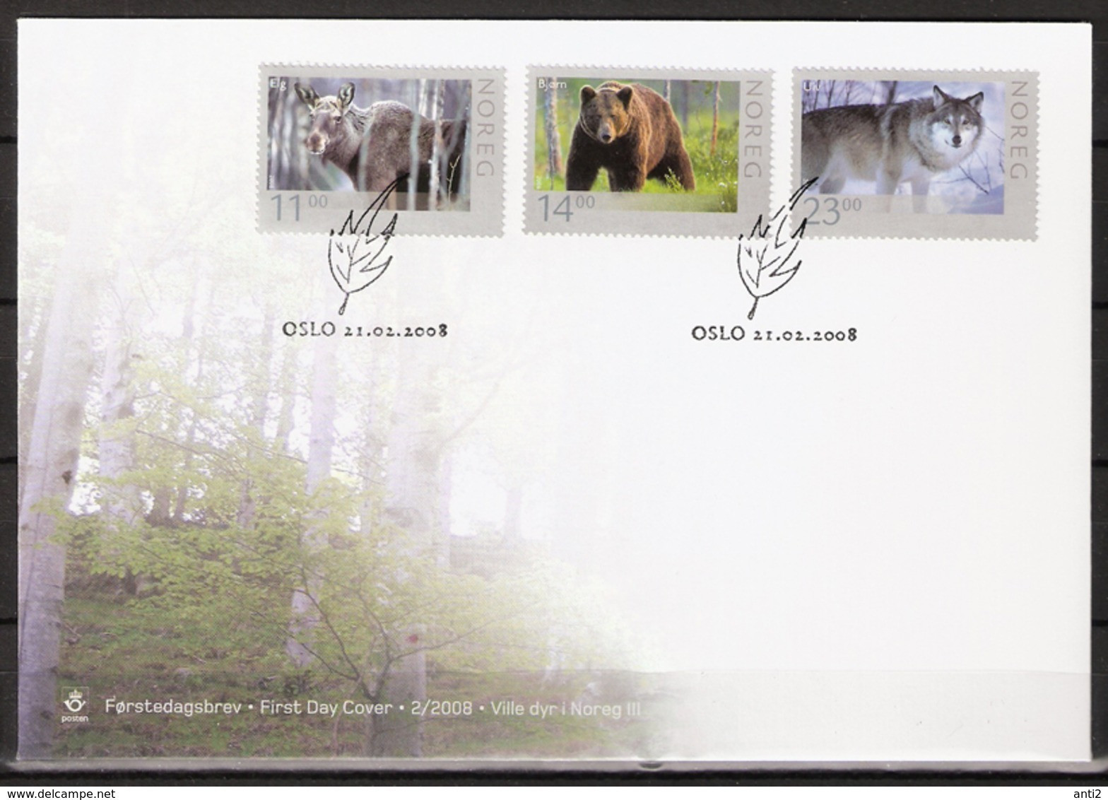 Norway Norge 2008 Animals, Moose, Bear, Wolf, Mi 1637-1639,  FDC - Briefe U. Dokumente