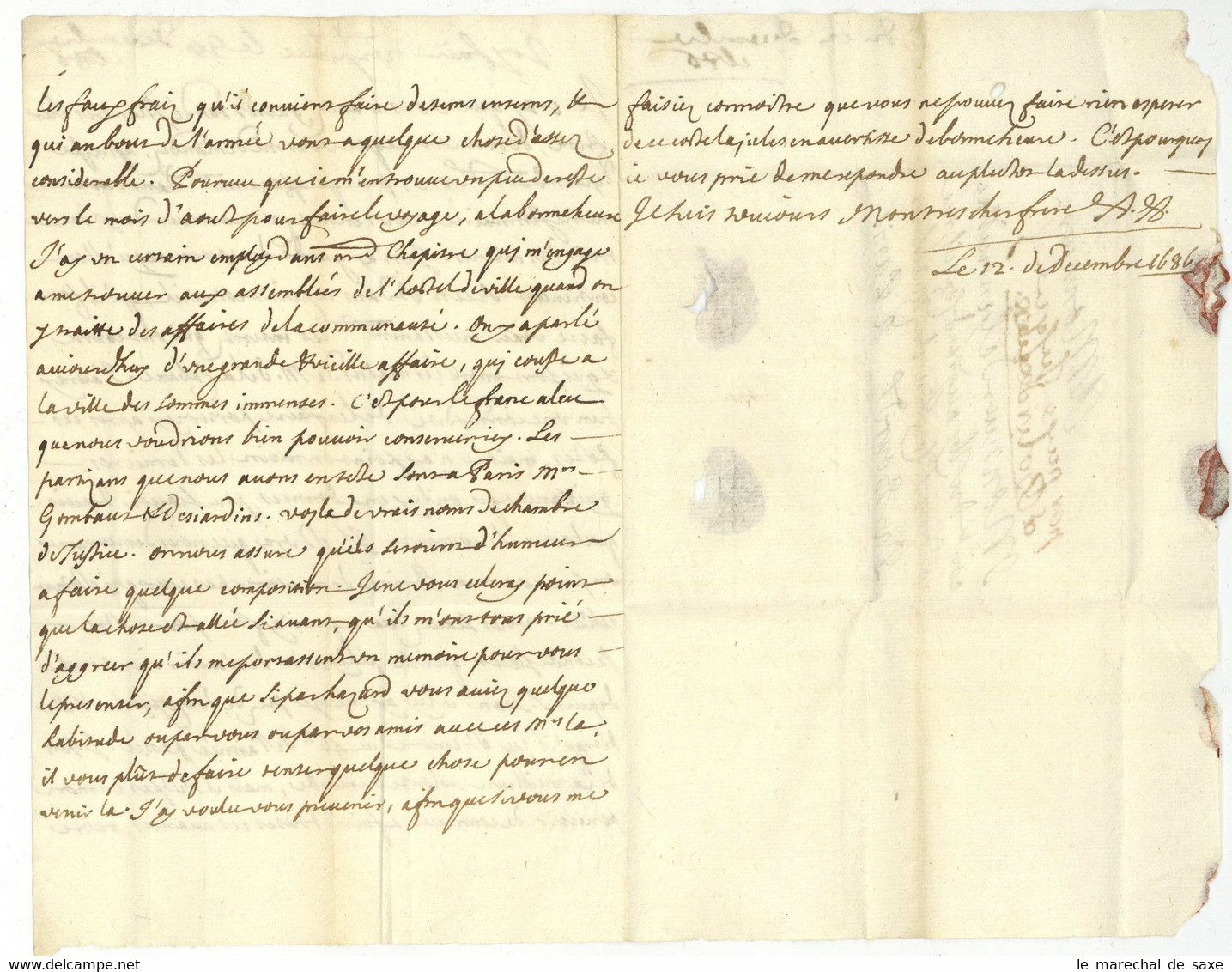 LAS De Genouillac Port Payé Jusqu'a Bordeaux 1686 à Son Frere Conseiller Du Roi à Paris Par Toulouse - ....-1700: Précurseurs