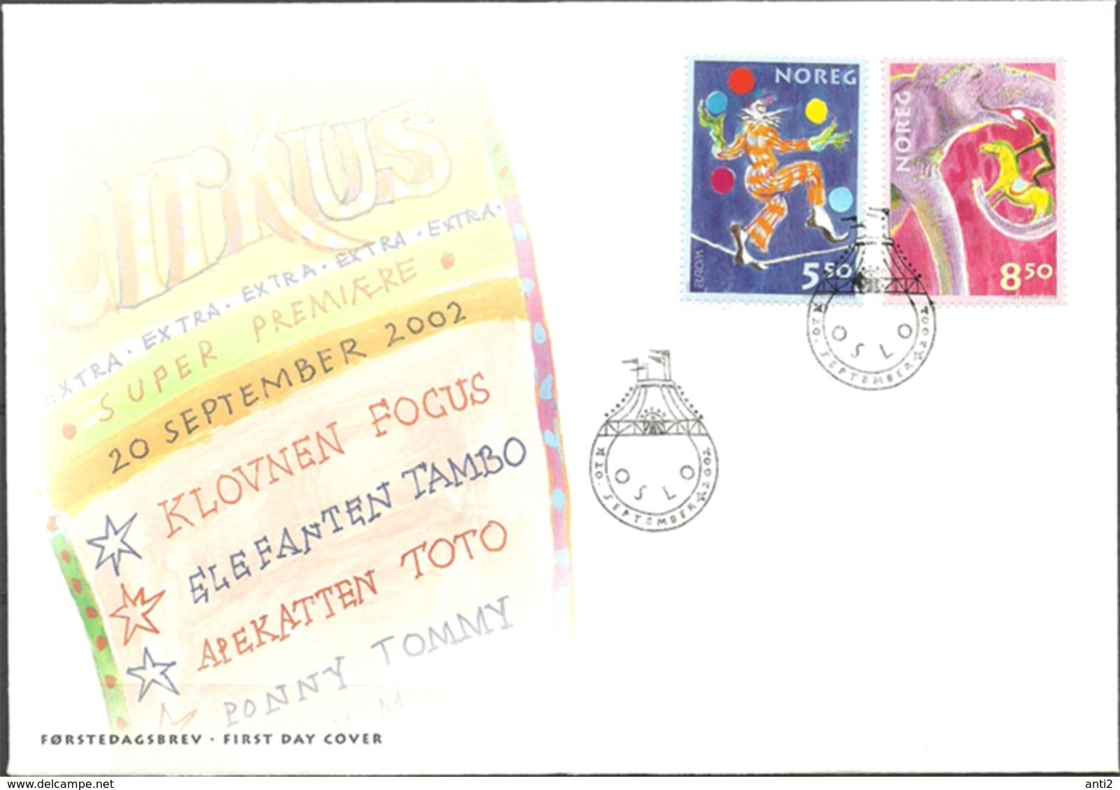 Norway 2002 Europa Circus  Mi 1446-1447 FDC - Covers & Documents