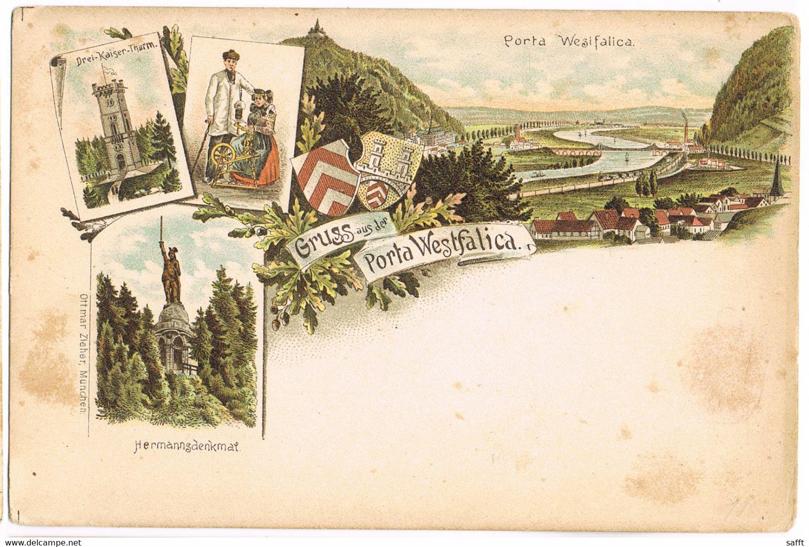 Litho Gruss Aus Porta Westfalica, Drei-Kaiser-Turm, Hermannsdenkmal Und Totale Um 1900 - Porta Westfalica