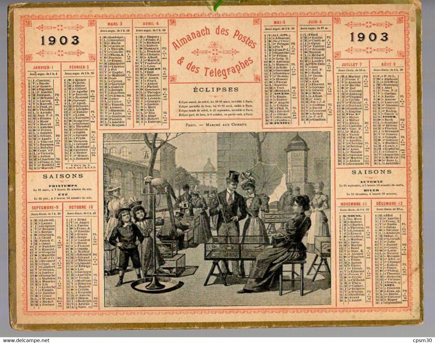 CALENDRIER GF 1903 - Paris Marché Aux Oiseaux, Imprimeur Oberthur Rennes - Big : 1901-20