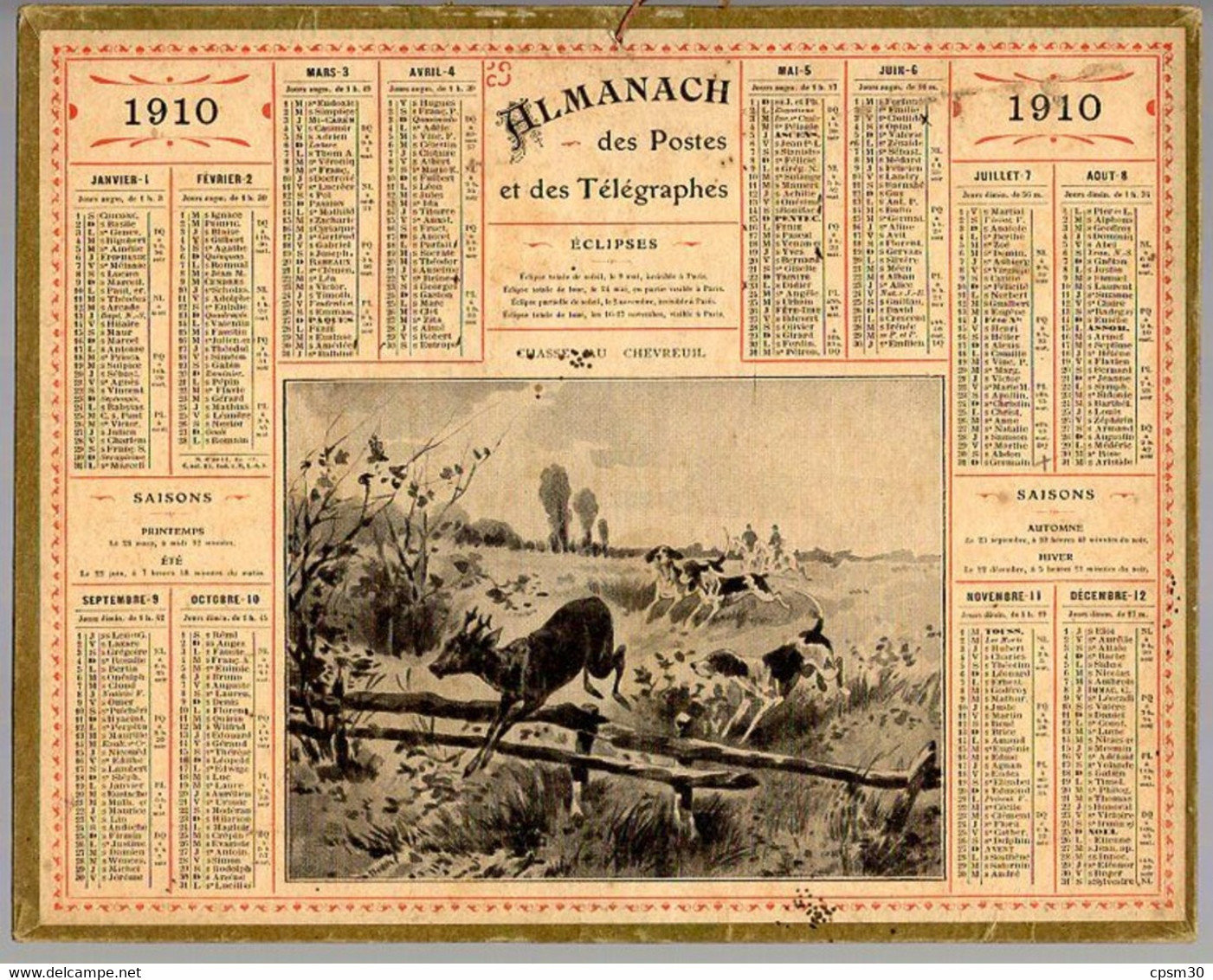 CALENDRIER GF 1910 - Chasse Aux Chevreuil, Imprimeur Oberthur Rennes - Tamaño Grande : 1901-20