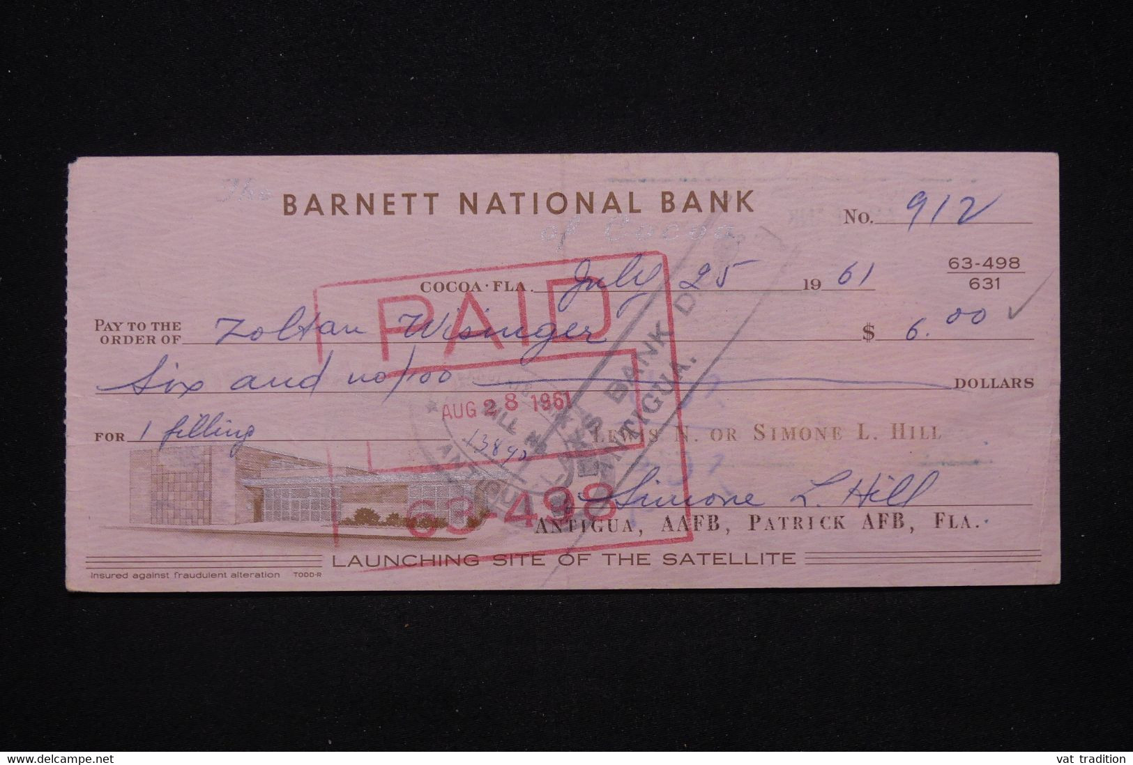 ANTIGUA - Fiscal Sur Chèque De La Barnett National Bank En 1961 - L 91473 - 1960-1981 Autonomie Interne